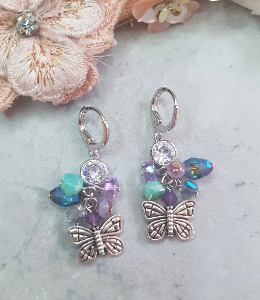 Butterfly Crystal and Faceted Bead Cluster Earrings - Pastel Mix