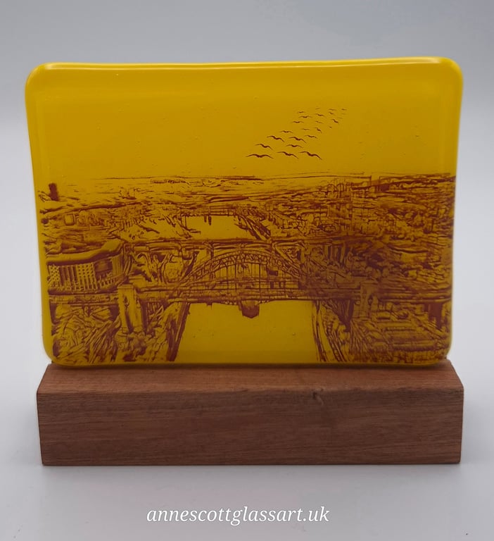 Tyne Bridges on sunflower Yellow Glass Panel on Block