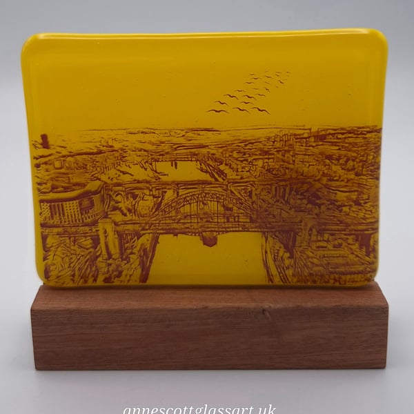 Tyne Bridges on sunflower Yellow Glass Panel on Block