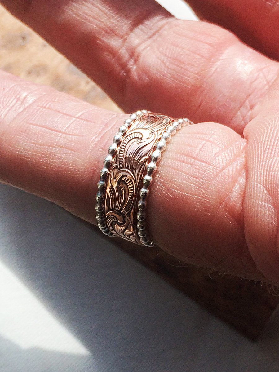 Beautiful Patterned Copper Ring with Two Sterling Silver Stacking Rings