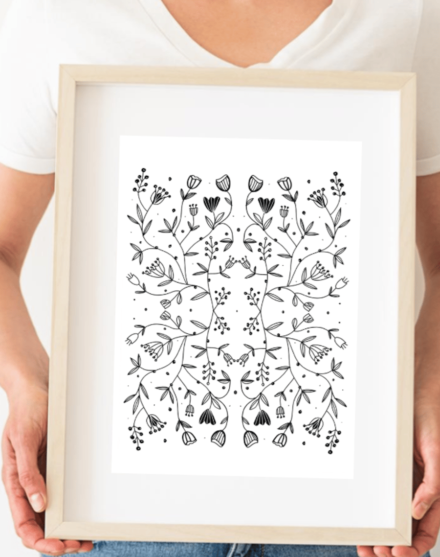 Unframed A4 botanical art print featuring a hand-drawn black-and-white floral 