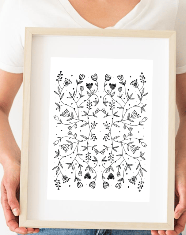 Unframed A4 botanical art print featuring a hand-drawn black-and-white floral 