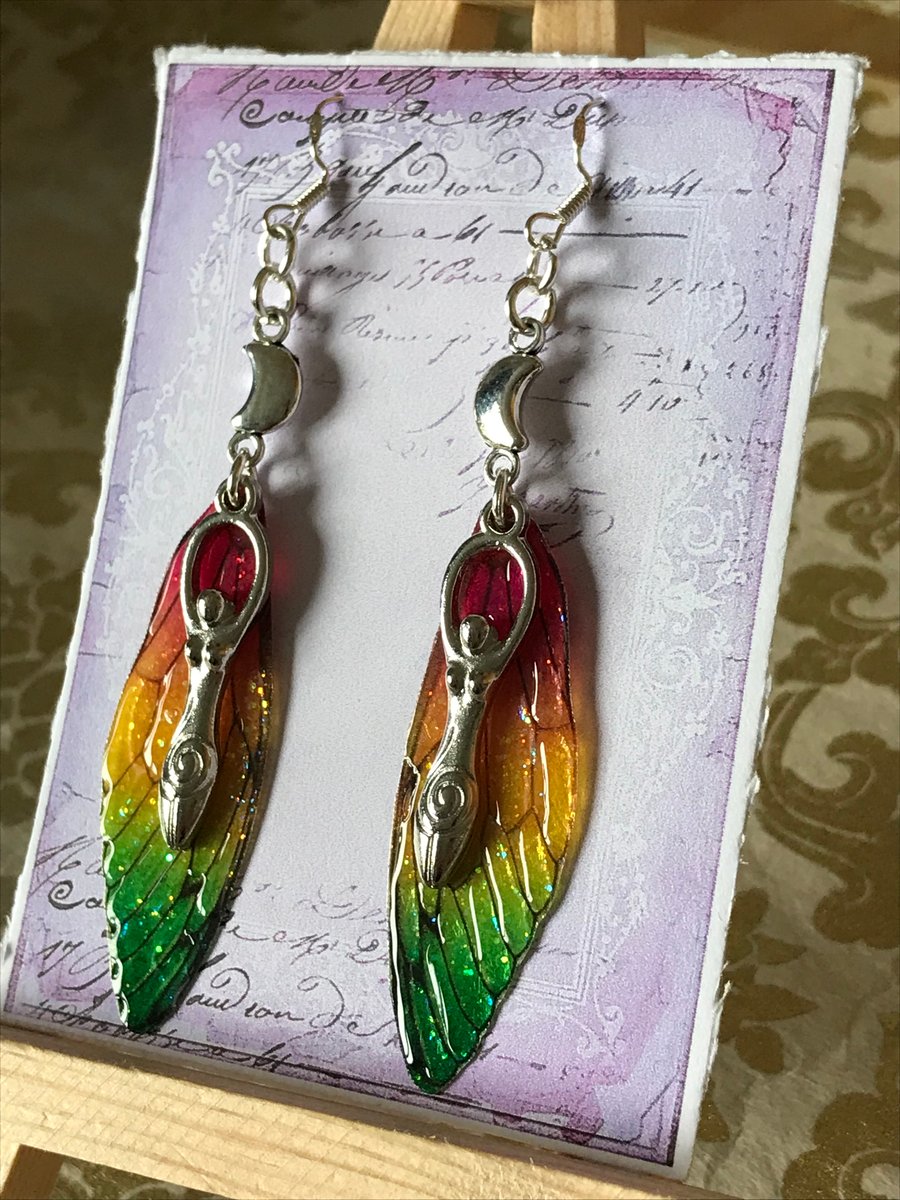 Crescent Moon Goddess Fairy Wing Earrings Sterling Silver