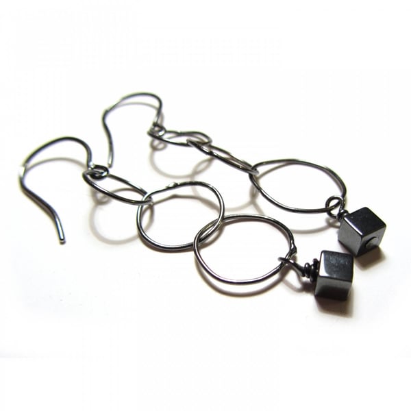 Long hematite Earrings in oxidised Recycled sterling silver, eco silver - dark 