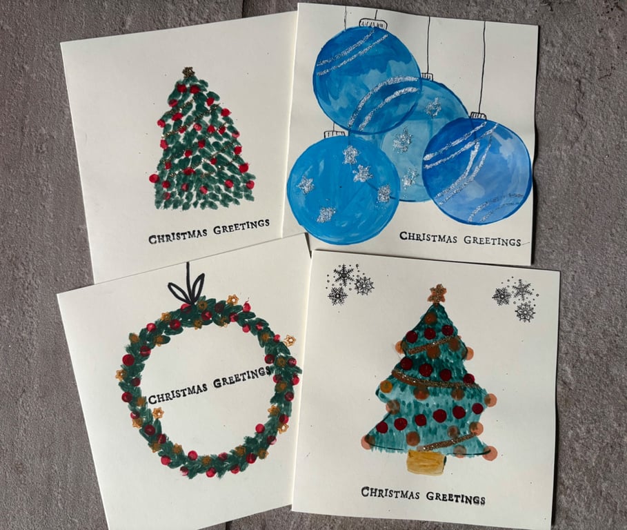 4 pack of hand painted Christmas cards