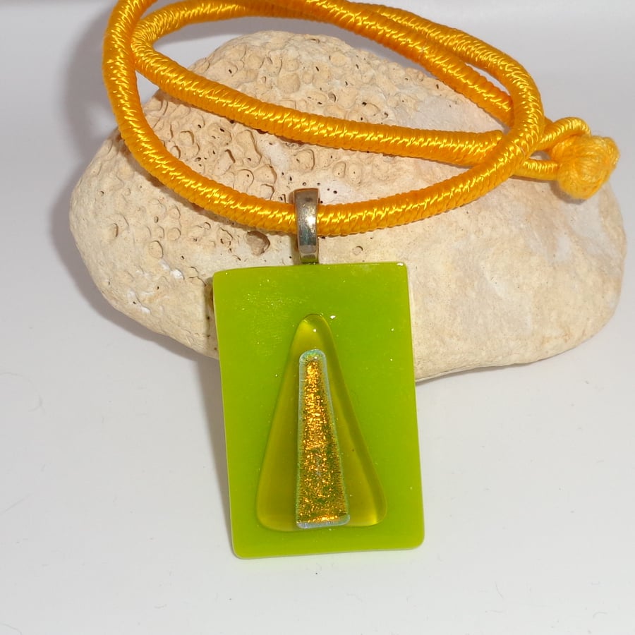 Dichroic fused glass pendant "Two Golden Triangles"