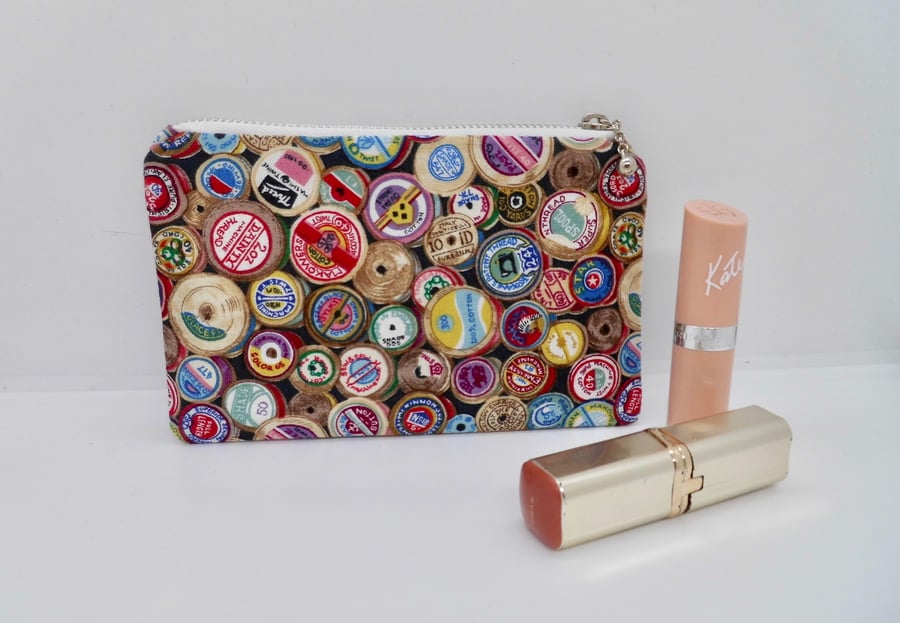 CLEARANCE Make up purse in sewing themed fabric