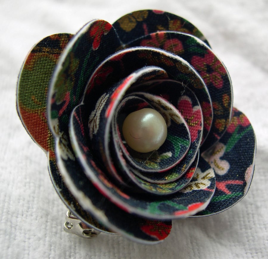 Hardened Chinese Print Fabric Rose Brooch