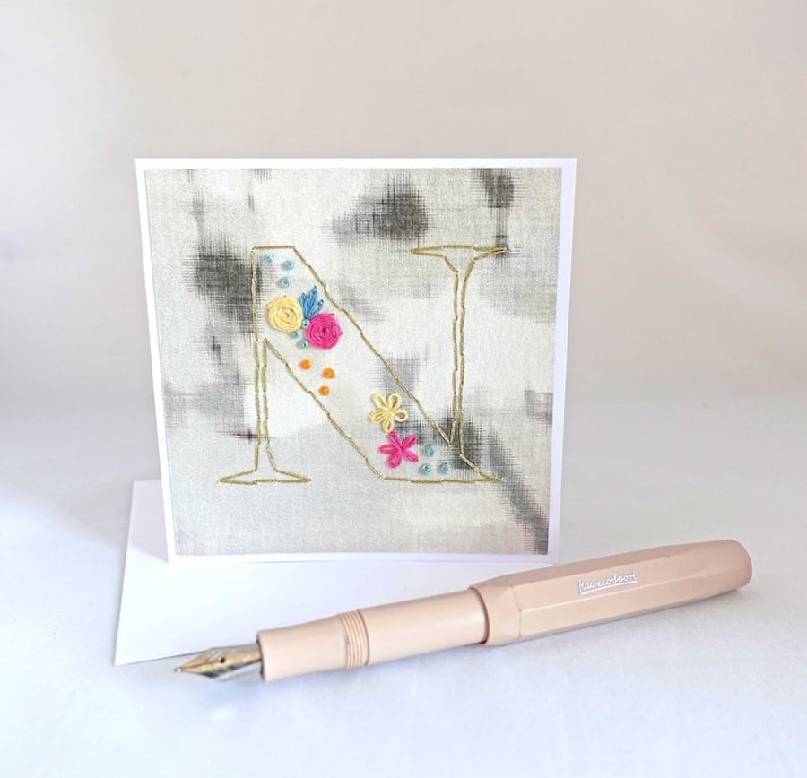 SALE Hand Stitched Letter N Card