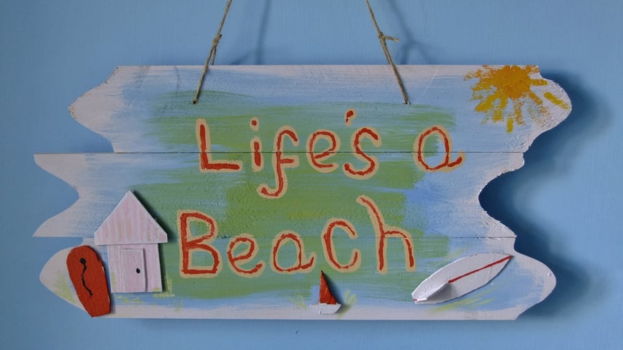 Seaside themed handpainted wallhanging "Lifes a Beach" surfboard beach hut boat
