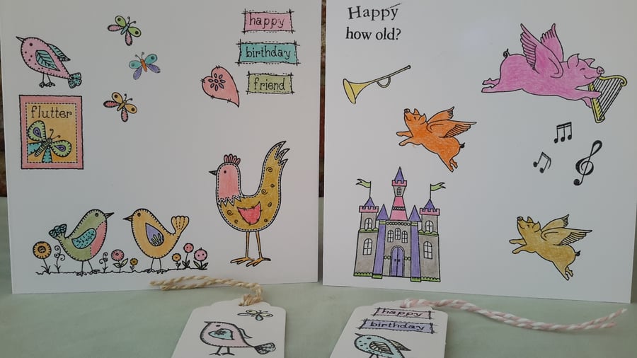 Birthday Cards Pack of 2 with Tags, Friend Card, General Card, Hand Printed