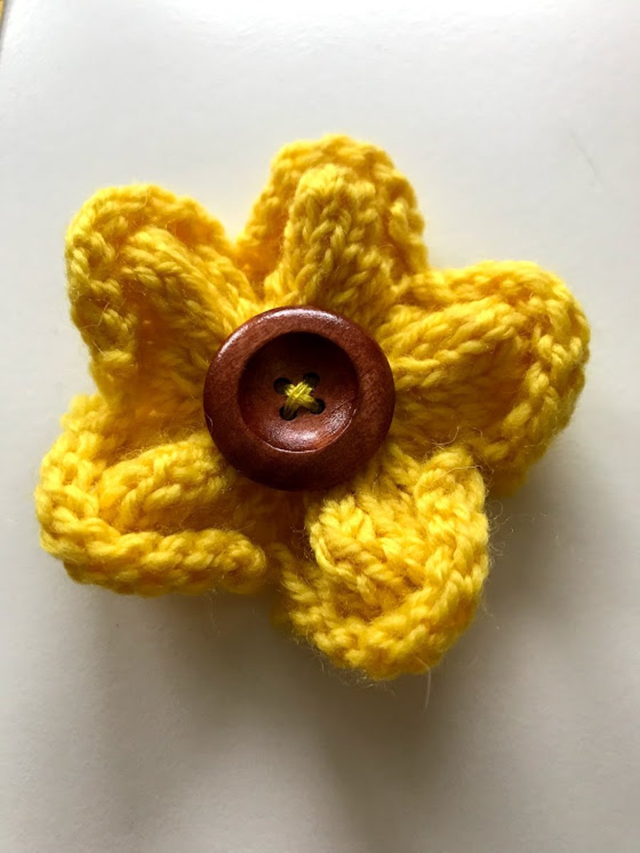 SOLD - Hand knitted flower brooch pin - Yellow - Stand with Ukraine Appeal