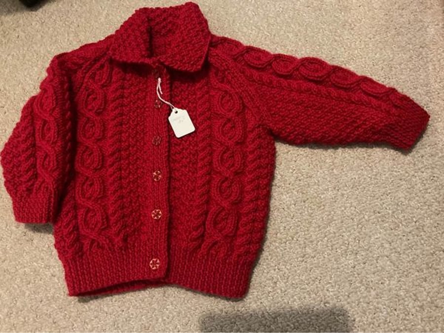 Red aran cardigan age 2 - 3 years
