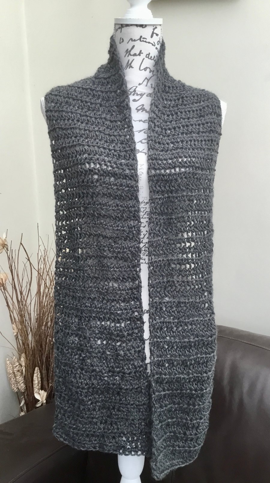 Chainmail!  Chunky Crocheted Scarf in Slate Grey Wool Yarn!