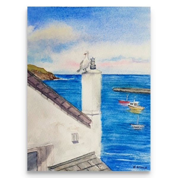 Small original watercolour painting, Watching Over Port Isaac