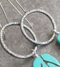Turquoise leaf earrings, Large oxidised silver hoops, Howlite gemstone - Image 6