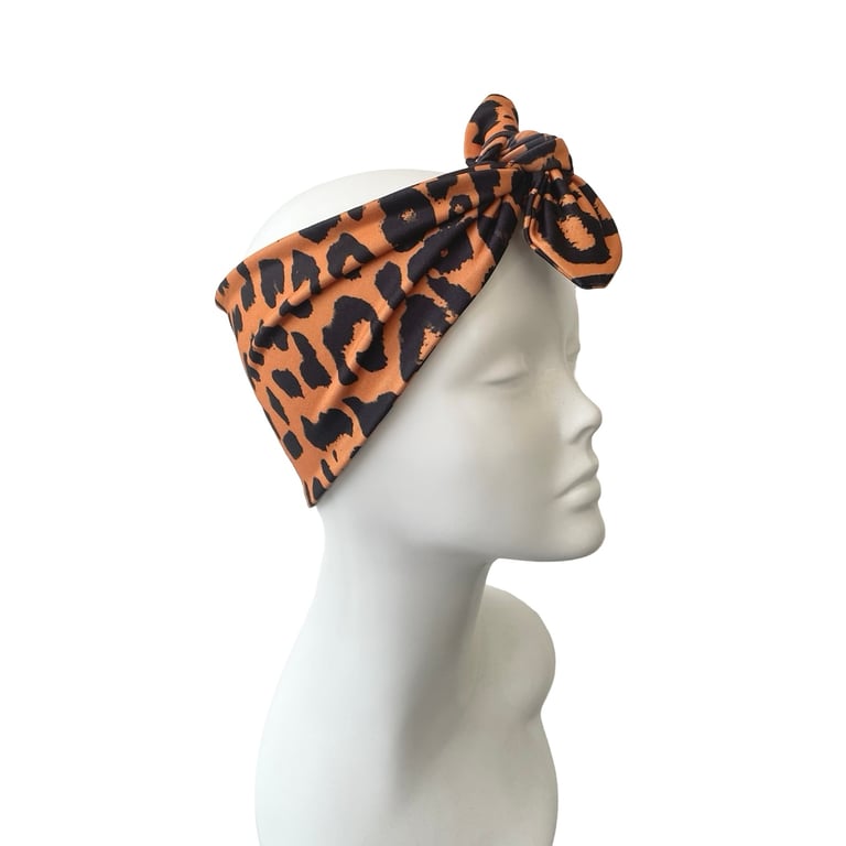 Rust Leopard Self Tie Headband, Leopard Hair Tie Women, Knotted Women's Headband