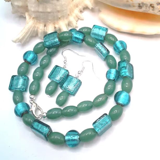 Green Square Glass Bead Jewellery Set, Jewellery Gift for Her, Gift Set