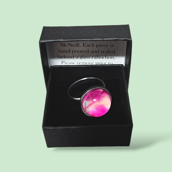 Pink Fuchsia Swirl Acrylic Pour Adjustable Stainless Steel Ring, Glass Cabochon