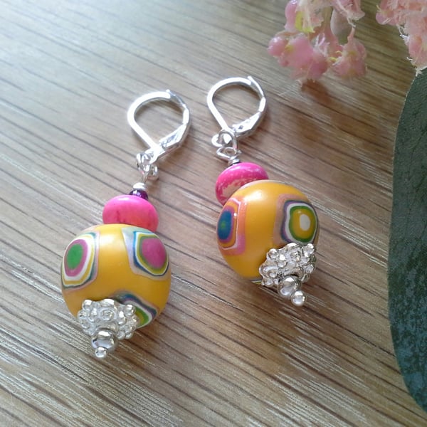 Sale Magnasite, Polymer Clay & Seed Bead Silver Plated Earrings