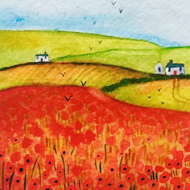 Poppy Fields, original watercolour painting 