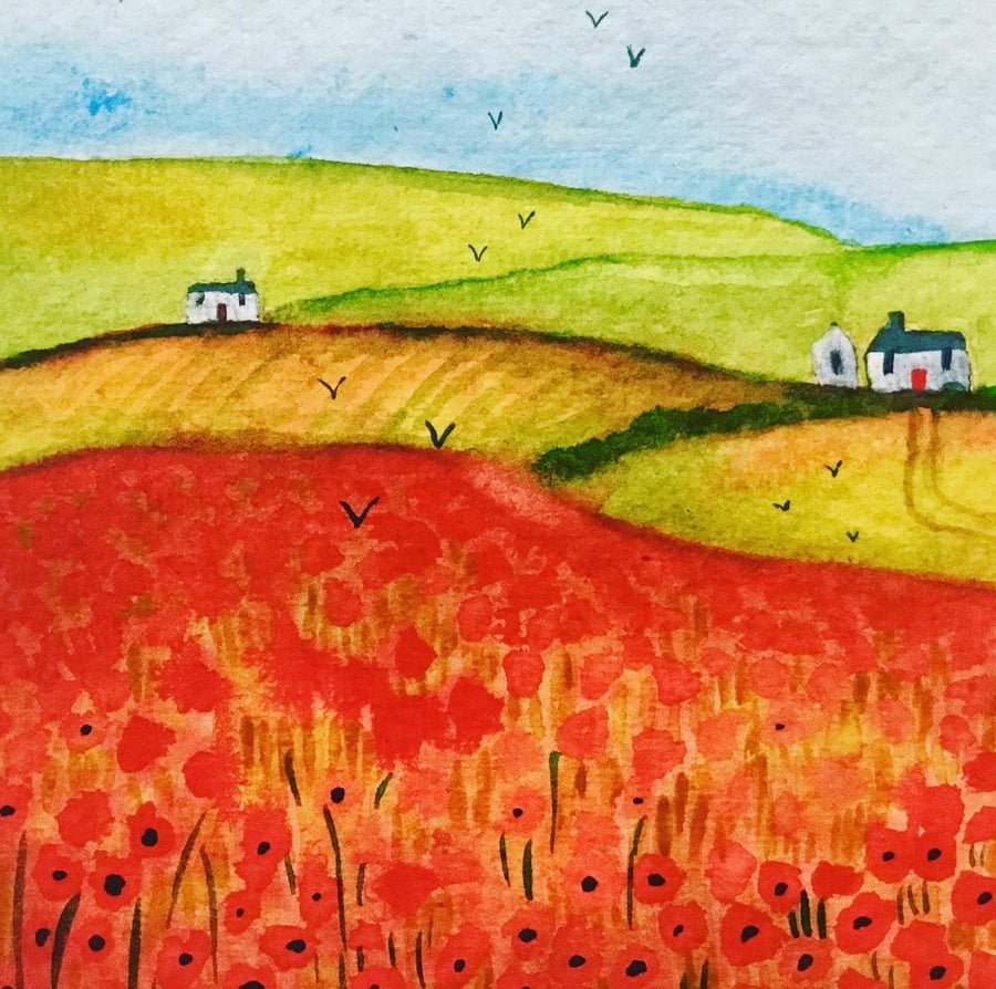 Poppy Fields, original watercolour painting 