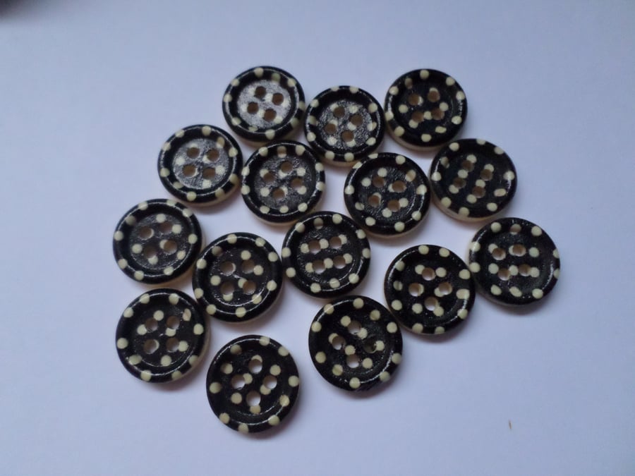 15 x 4-Hole Printed Wooden Buttons - Round - 15mm - Polka Dot - Black 