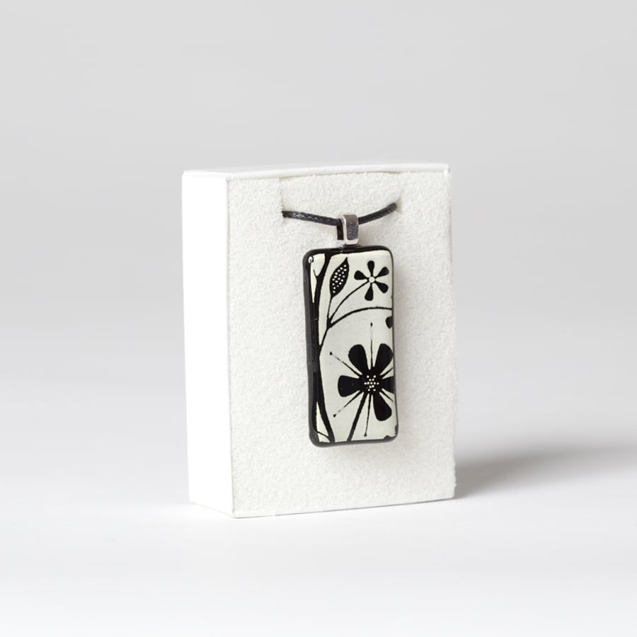 Glass Necklace with White Flowers Screen Printed Kiln Fired Enamel