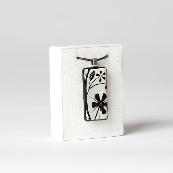 Glass Necklace with White Flowers Screen Printed Kiln Fired Enamel