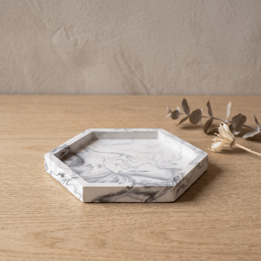 Image of White & Grey Marbled Hexagonal Jewellery Tray, Handmade Trinket & Catchall Dish