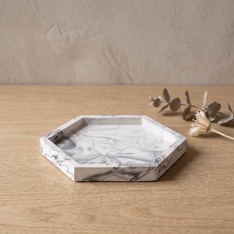White & Grey Marbled Hexagonal Jewellery Tray, Handmade Trinket & Catchall Dish