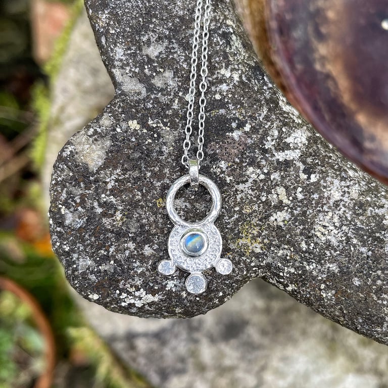 Silver and moonstone pendant on chain, rainbow moonstone necklace