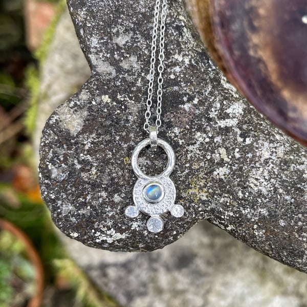  Silver and moonstone pendant on chain, rainbow moonstone necklace