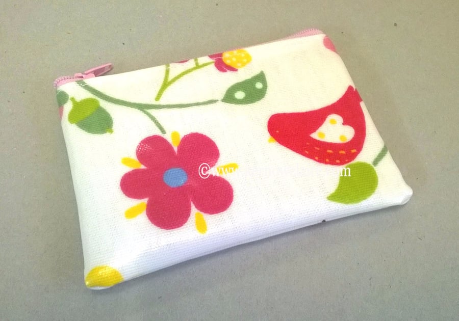 White coin purse with birds and flowers, water resistant, card holder