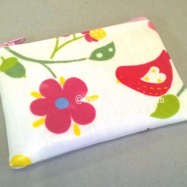White coin purse with birds and flowers, water resistant, card holder