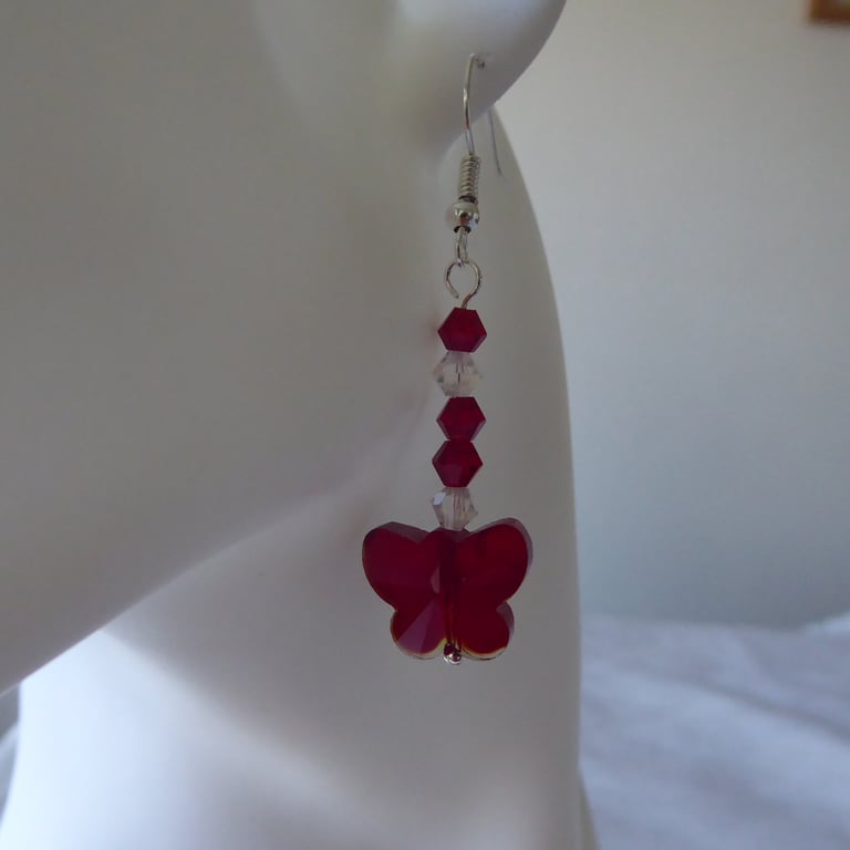  Pair of  Red Crystal Glass Butterfly Earrings 