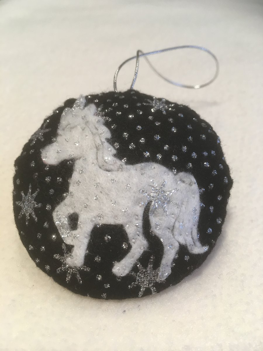 Christmas White Unicorn, Black bauble, Hanging decoration, Tree decoration, 