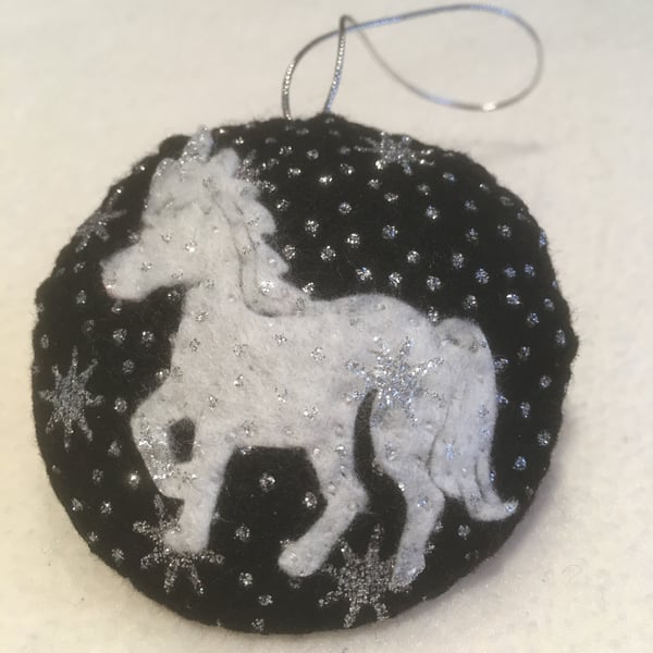 Christmas White Unicorn, Black bauble, Hanging decoration, Tree decoration, 