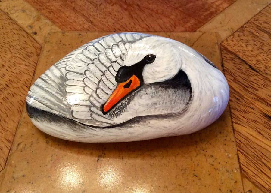 Swan hand painted on rock stone cobble 
