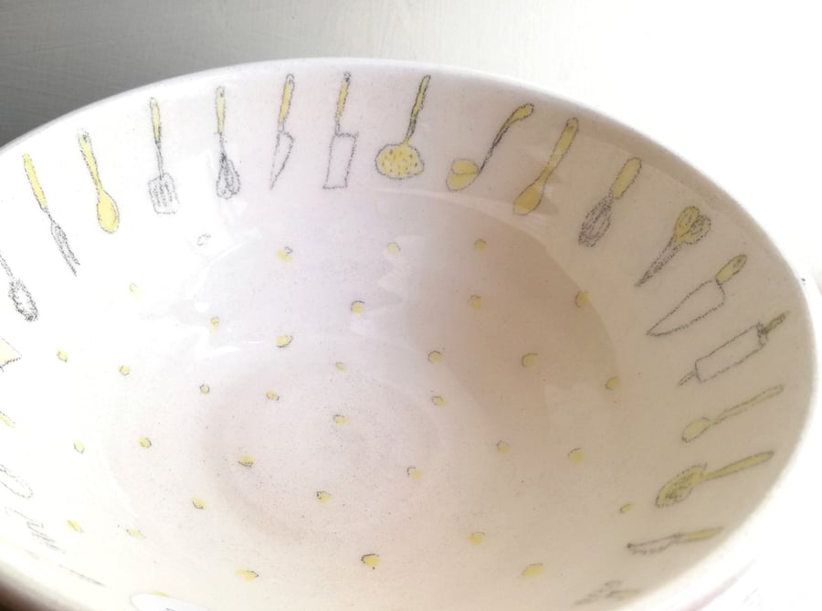 Ceramic handmade bowl with yellow dots & kitchen utensils Seconds Sunday sale 