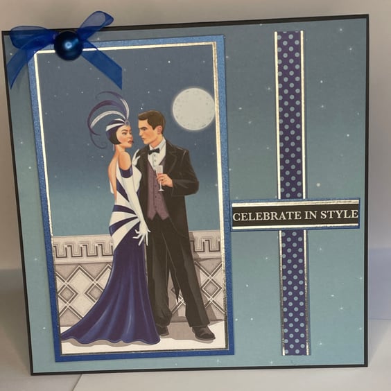 Elegant dancing Art Deco couple in the moonlight anniversary card