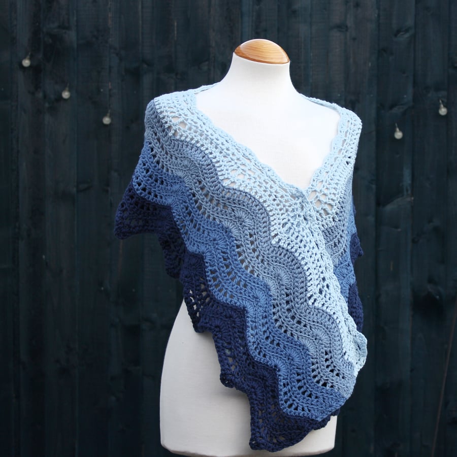 Crochet wrap in four shades of blue 100% cotton, wool free - design A193