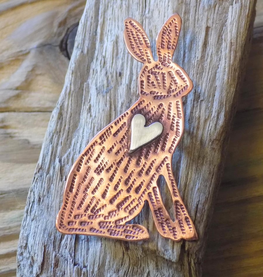 Copper and silver brown hare mixed metal brooch  (made to order) 