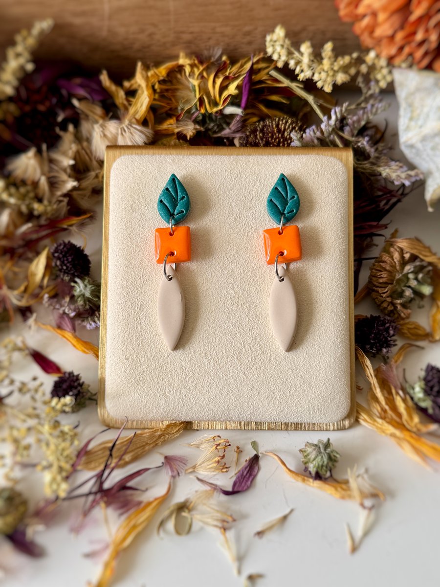 Teal Leaf, Orange and Cream DropbEarrings 