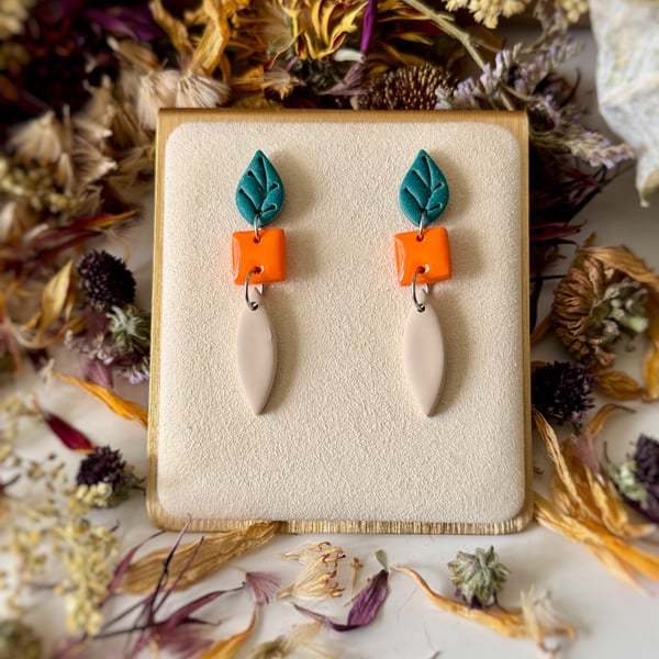 Teal Leaf, Orange and Cream DropbEarrings 