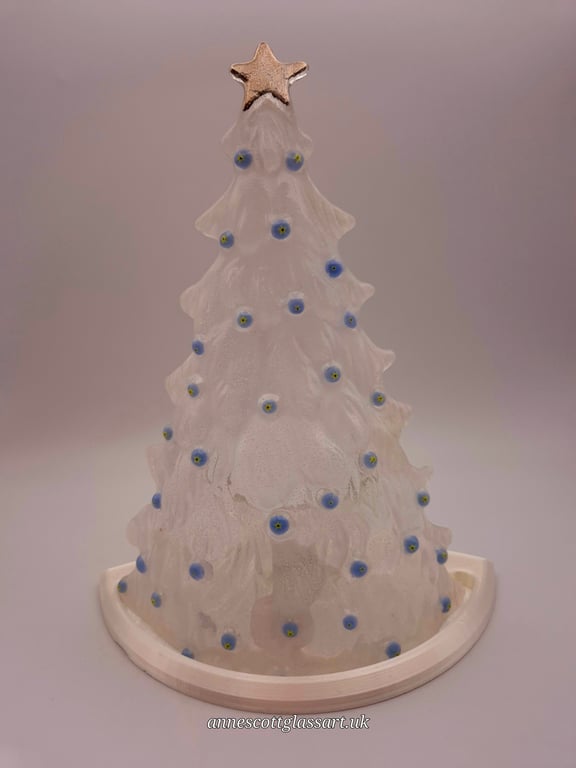 Handmade Fused Glass 3D Opaline Christmas Tree Candle Holder Blue. Platinum