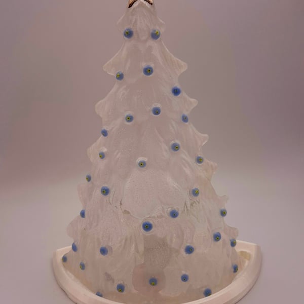 Handmade Fused Glass 3D Opaline Christmas Tree Candle Holder Blue. Platinum