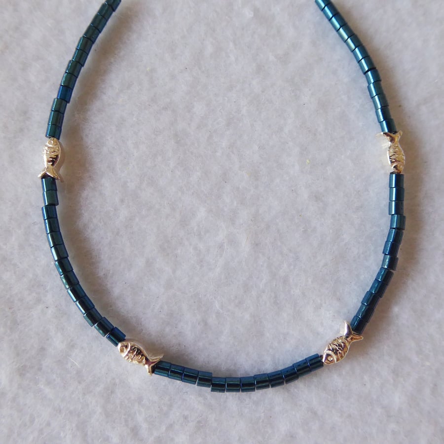 Unique Sterling Silver Fish and Hematite adjustable Bracelet