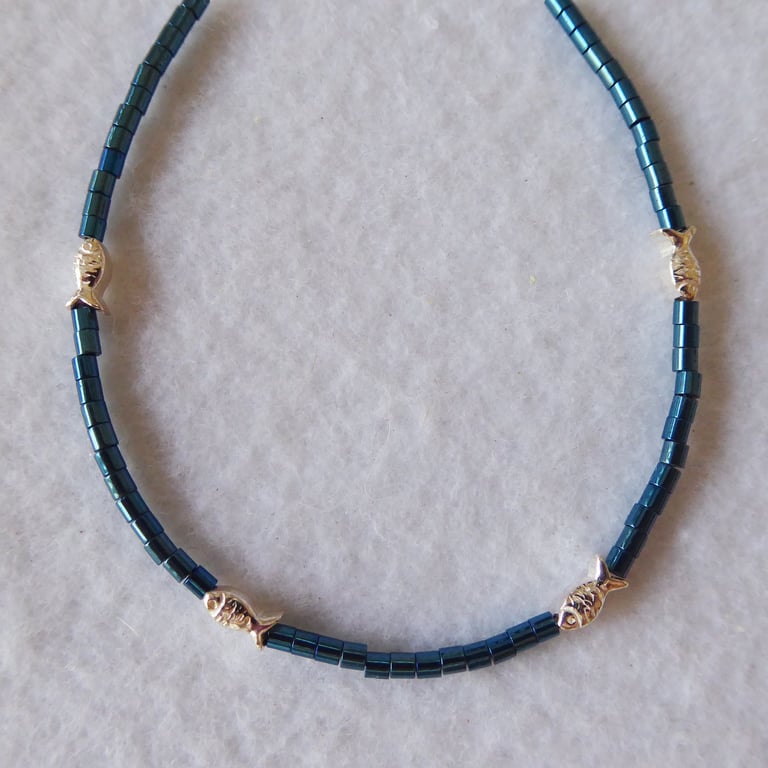 Unique Sterling Silver Fish and Hematite adjustable Bracelet