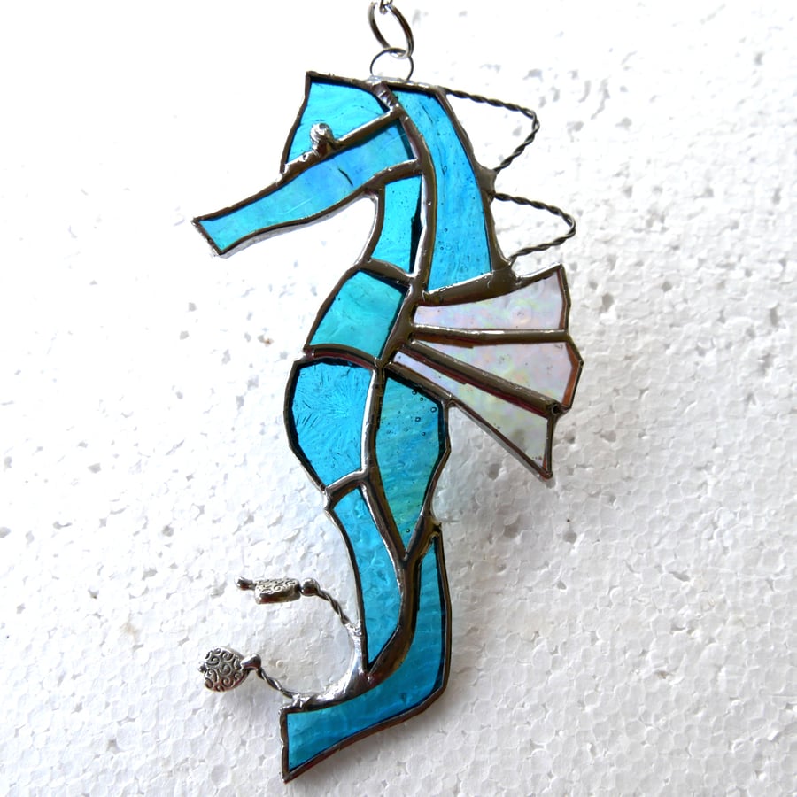Seahorse Stained Glass Suncatcher Aqua Handmade 033